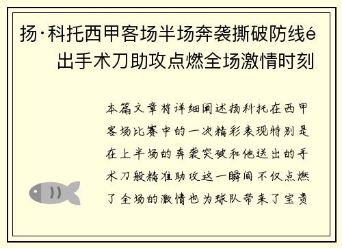 扬·科托西甲客场半场奔袭撕破防线送出手术刀助攻点燃全场激情时刻
